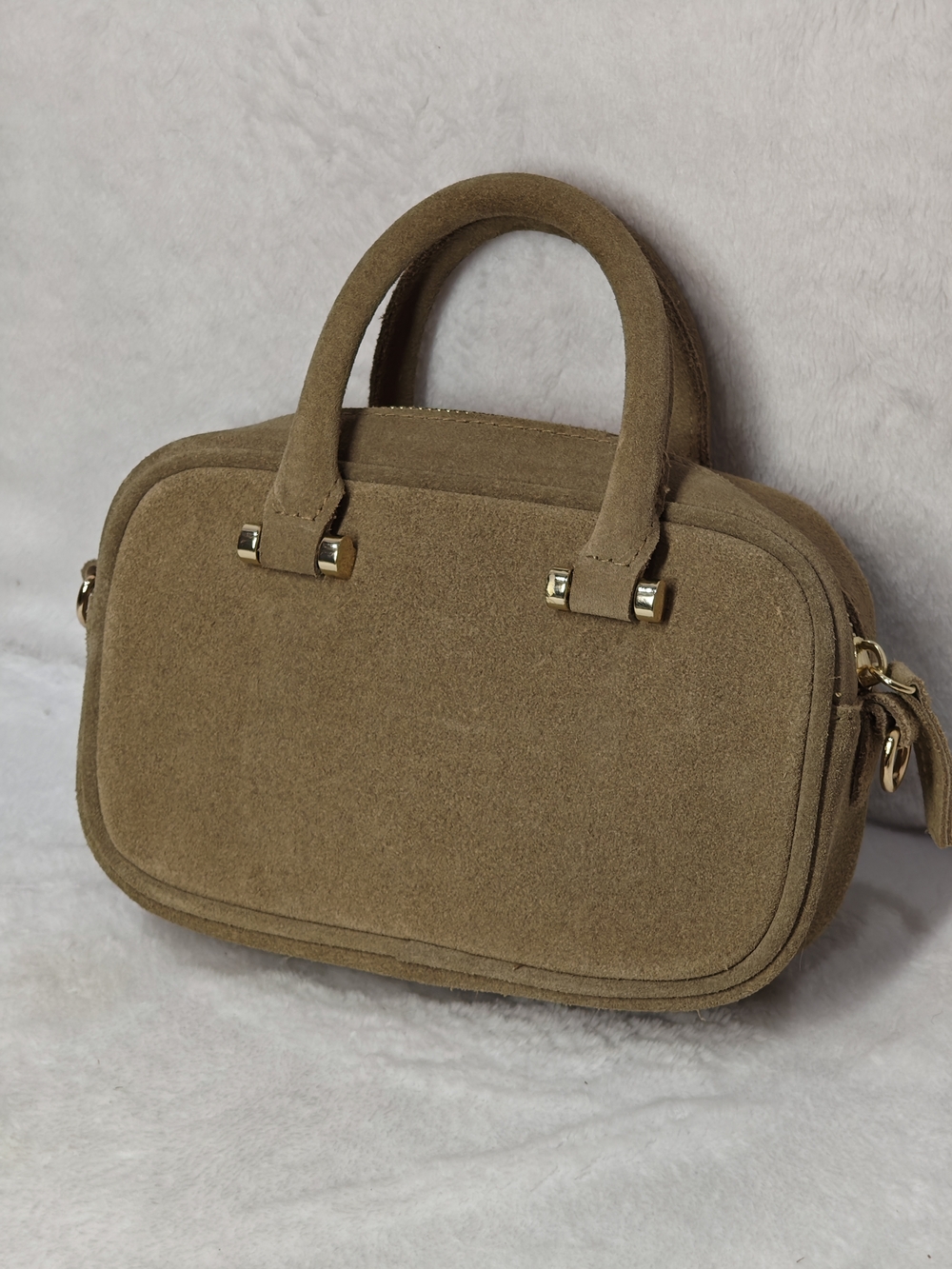 Tan Suede Top-Handle Satchel Bag